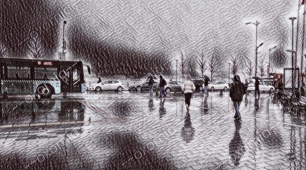 Rainy Day City People Bus